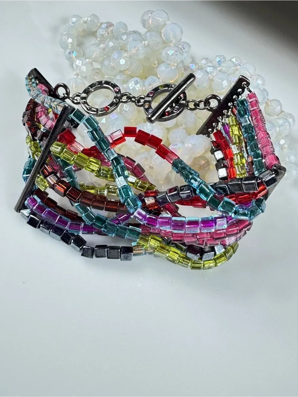 Zara Multicolor Beaded Braided Bracelet with Toggle Clasp